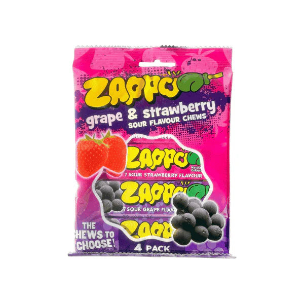 ZAPPO Sour Grape & Strawberry Chews 116g 4 Pack A Tangy Treat for Candy Lovers