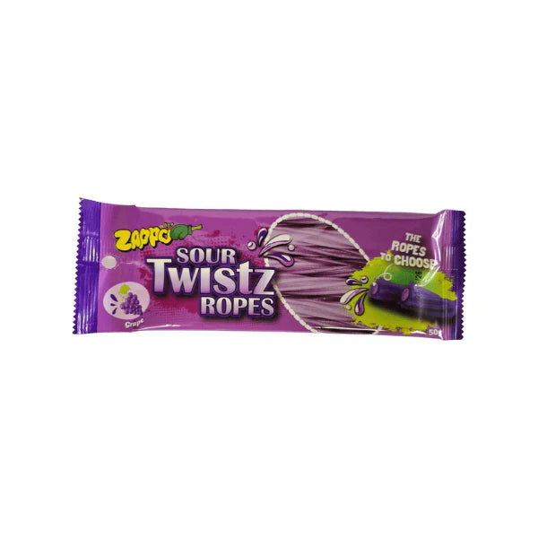 ZAPPO Grape Flavoured Sour Twistz Ropes 50g Tangy Fruity Fun in Every Bite